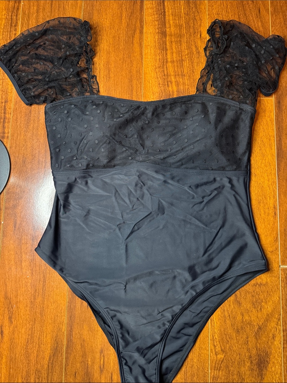 SHEIN Sheer Dot Black One-Piece off shoulder Bodysuit Swimsuit